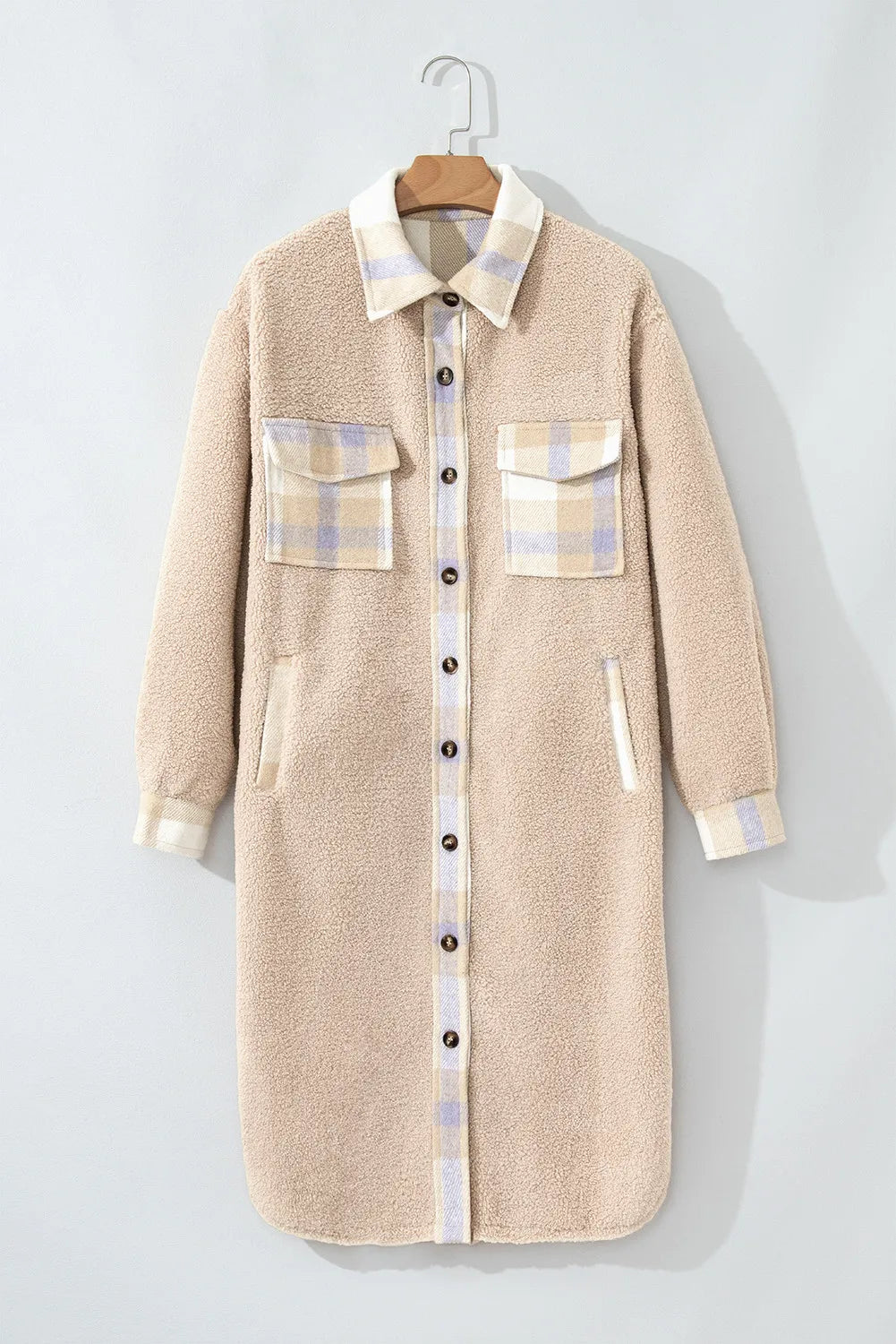 Slit Plaid Button Down Long Sleeve Coat