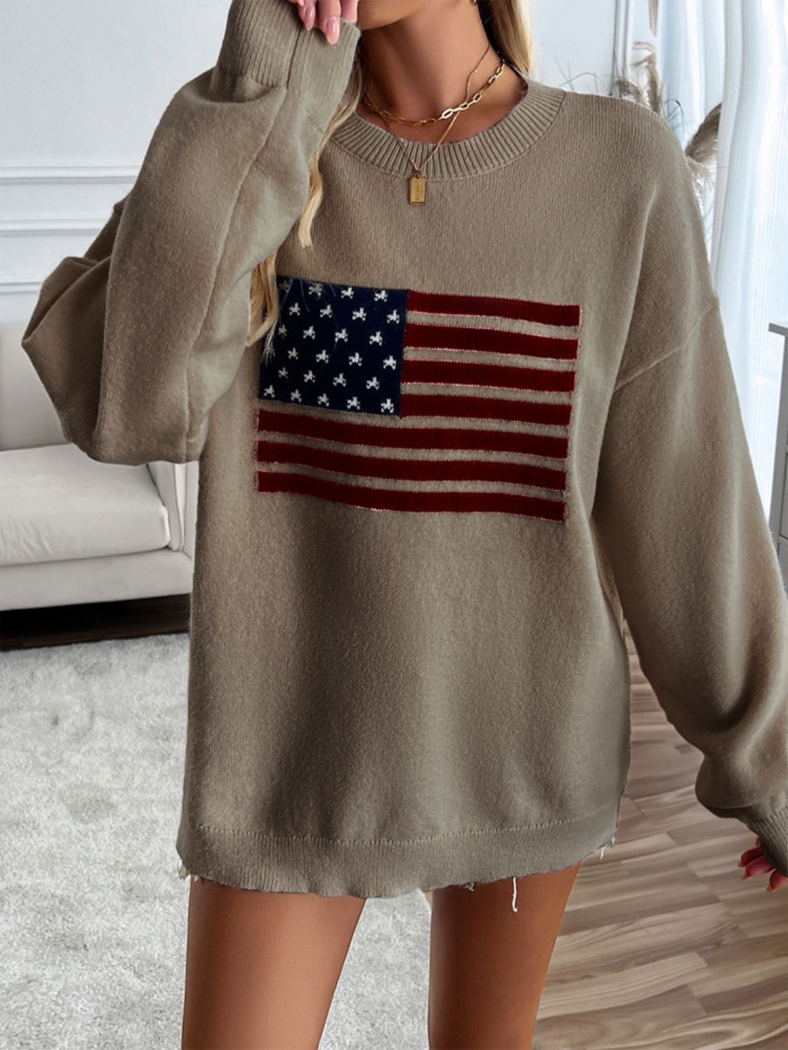 Devine US Flag Round Neck Long Sleeve Knit Top