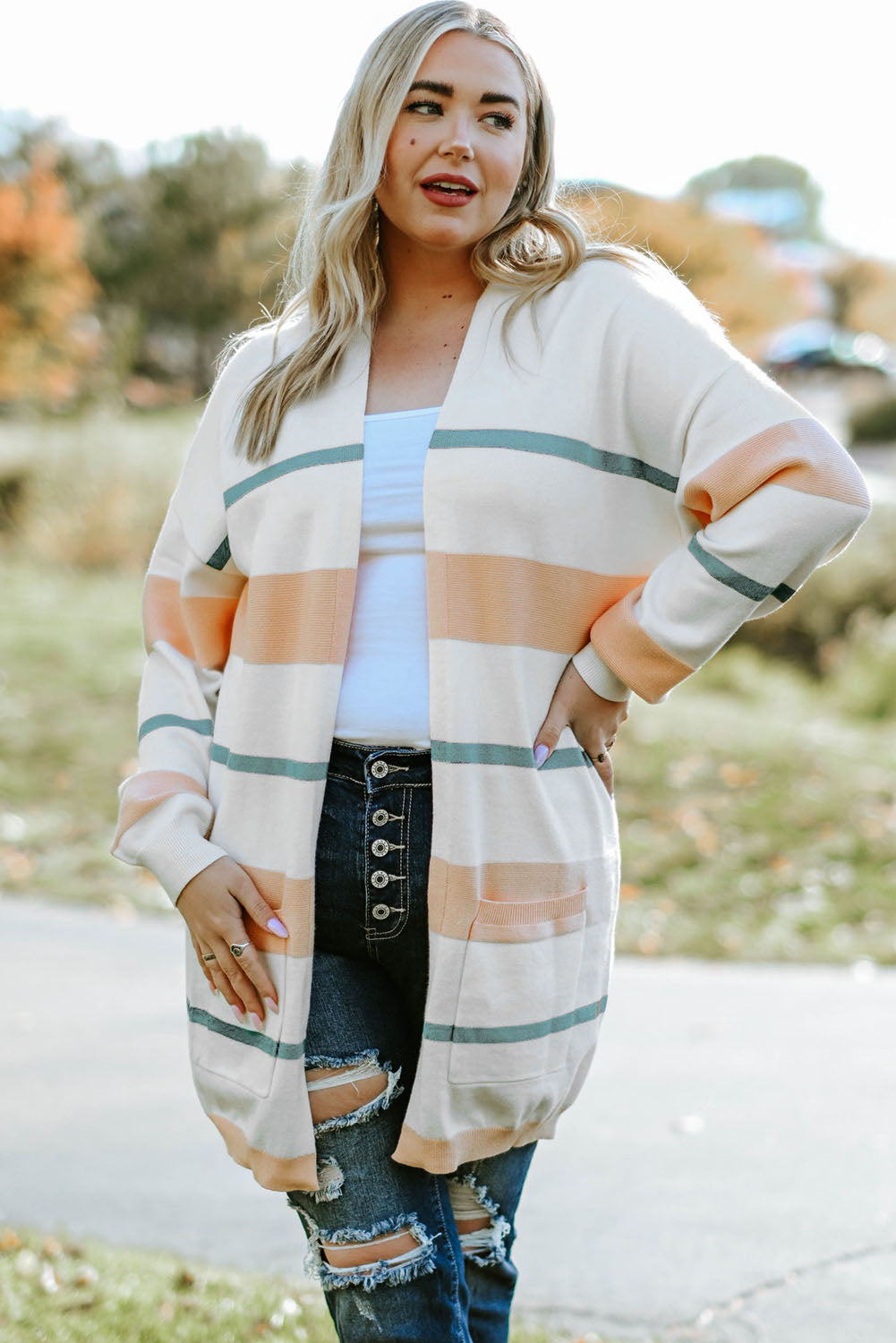 Plus Size Striped Open Front Cardigan