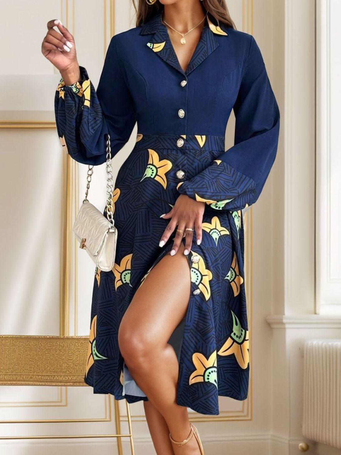 Perfee Printed Collared Neck Long Sleeve Dress