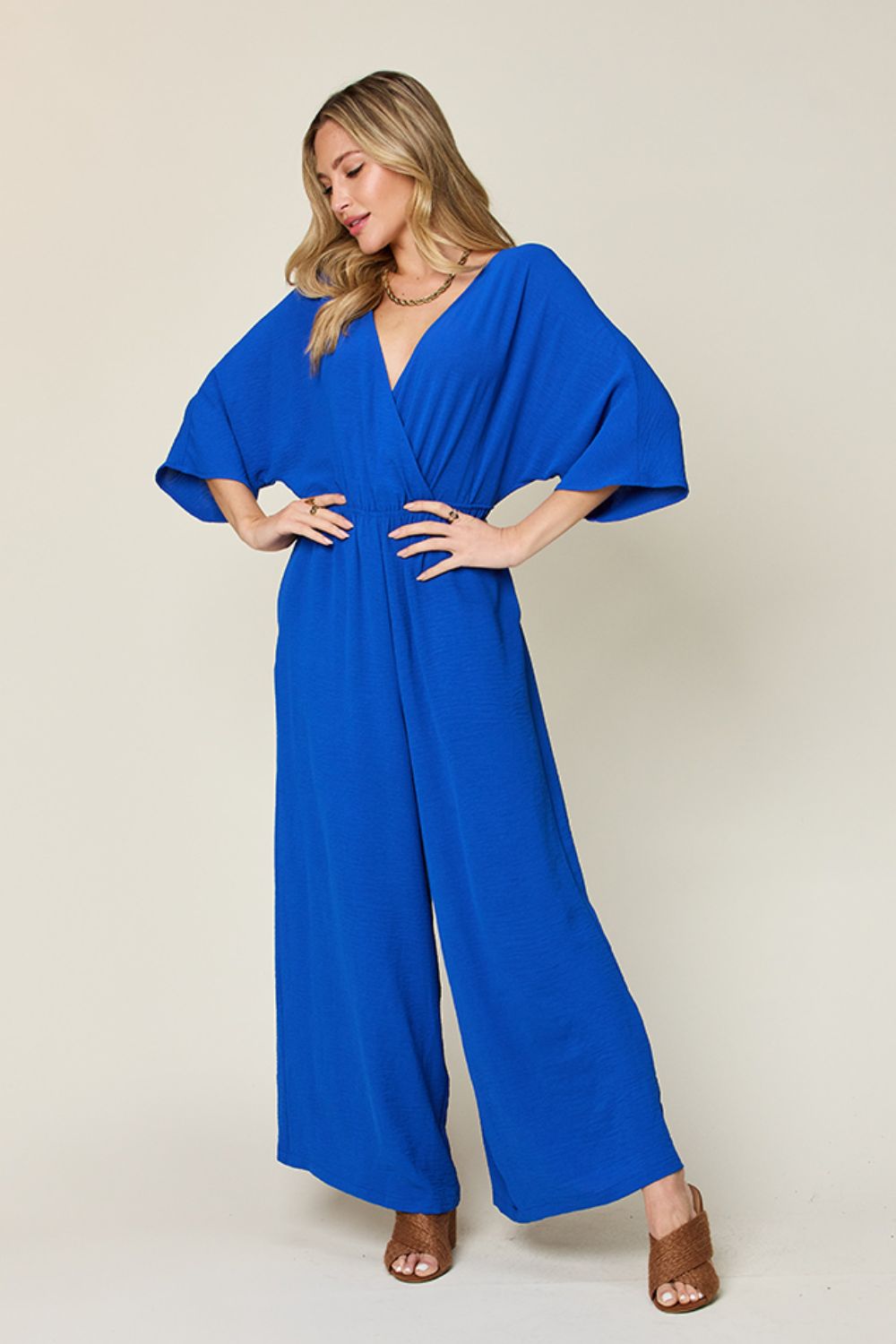 Double Take Full Size Surplice Wide Leg Jumpsuit with Pockets