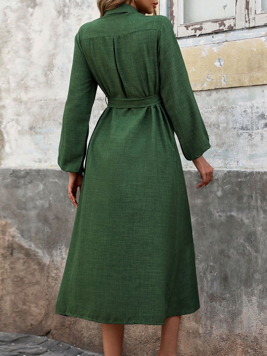 Perfee Collared Neck Long Sleeve Midi Shirt Dress