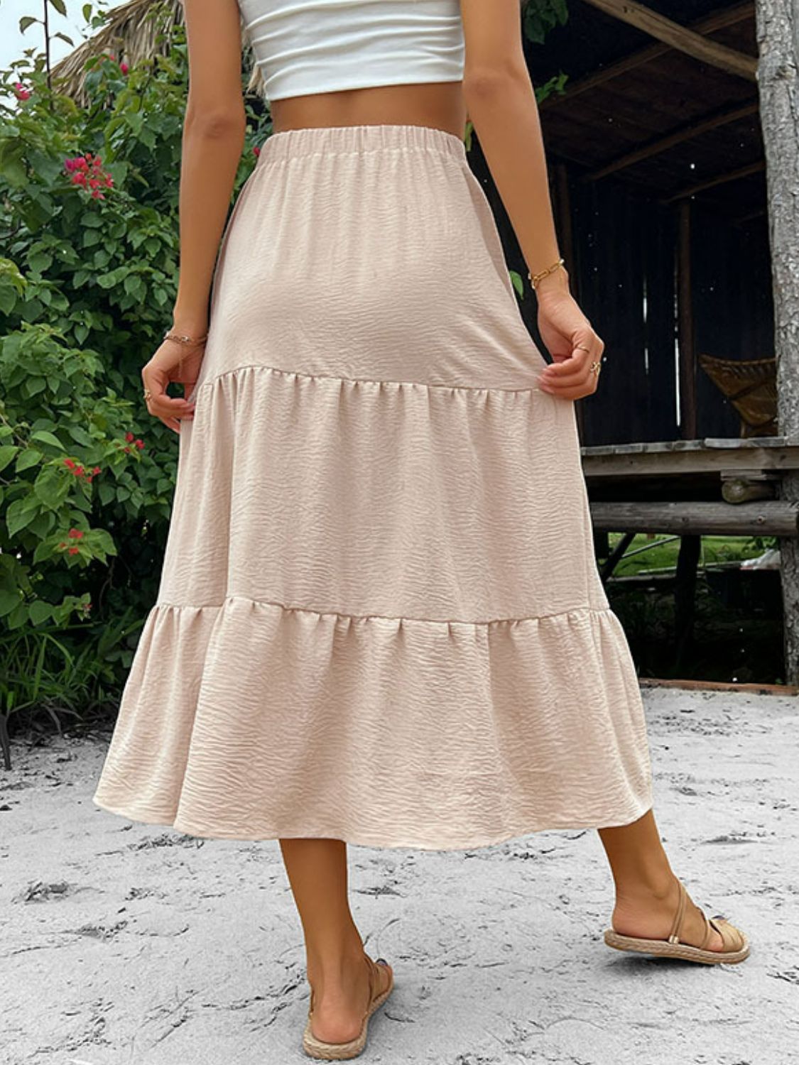 Perfee Button Down Tiered Midi Skirt