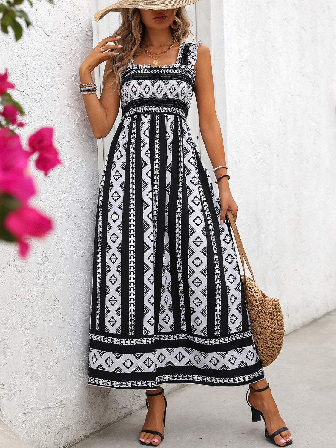 Honey Printed Square Neck Wide Strap Cami Dress