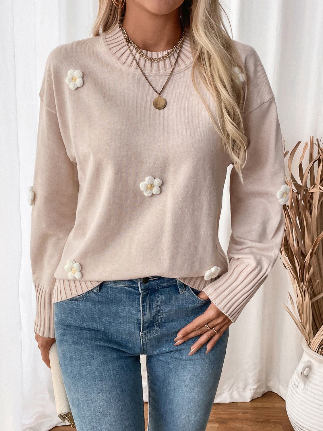 Perfee Flower Round Neck Long Sleeve Sweater