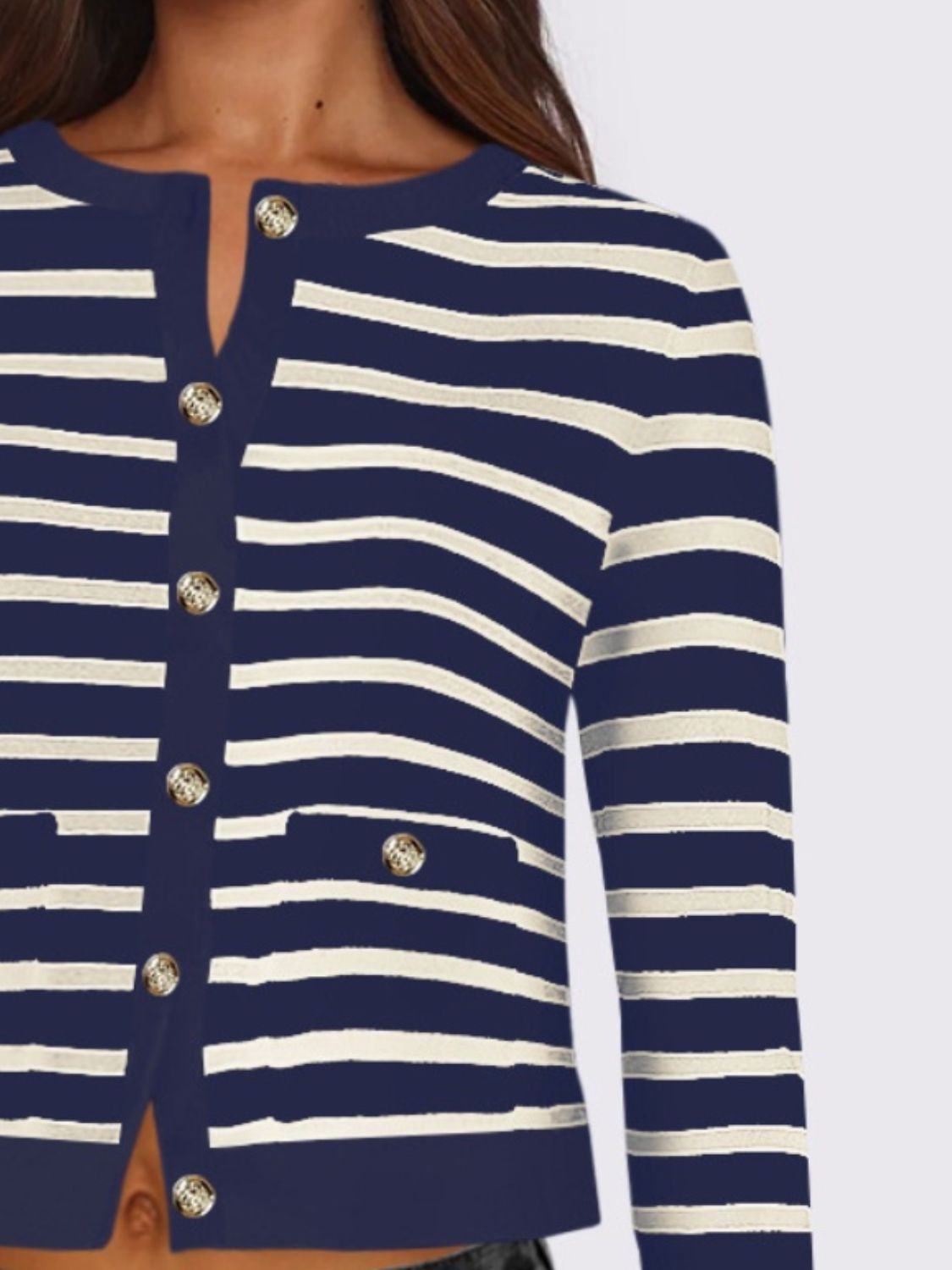 Striped Round Neck Button Up Long Sleeve Cardigan