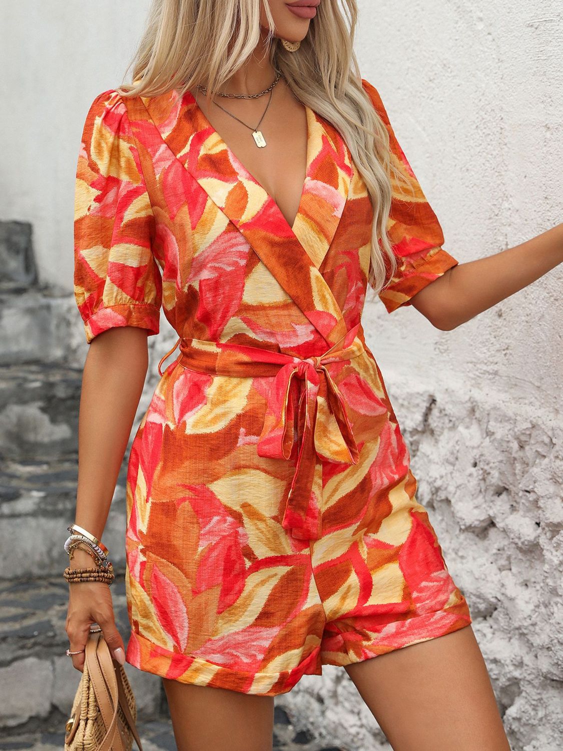 Perfee Printed Surplice Half Sleeve Romper