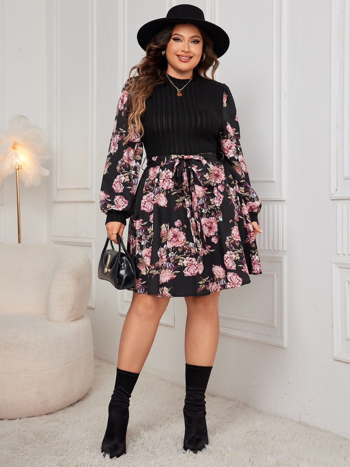 Honey Plus Size Tied Printed Long Sleeve Dress